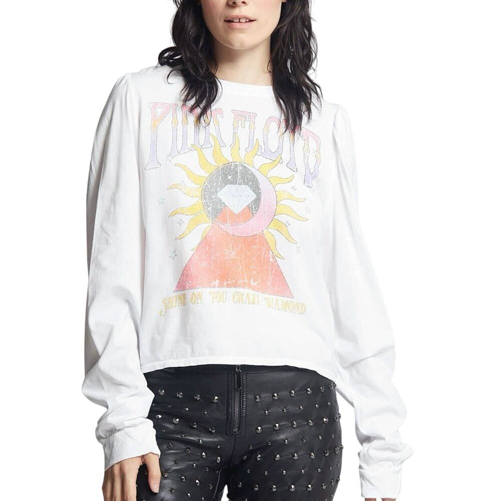 RECYCLED KARMA Pink Floyd Shine on‎ You Puff Sleeve Crop Top Women's Large